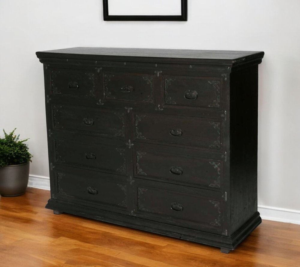 60" Dark Brown Carved Scrollwork Solid Wood Nine Drawer Double Dresser