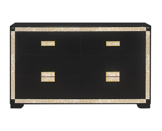 62" Black And Gold Faux Crystal Bling Wood Six Drawer Double Dresser