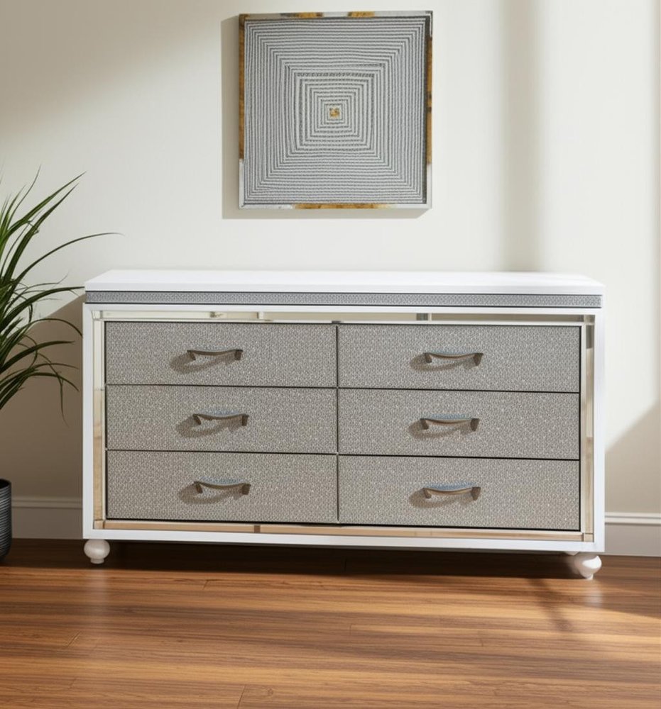 58" White And Silver Faux Crystal Bling Wood Six Drawer Double Dresser