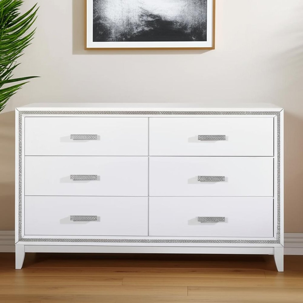 63" White And Silver Faux Crystal Bling Wood Six Drawer Double Dresser