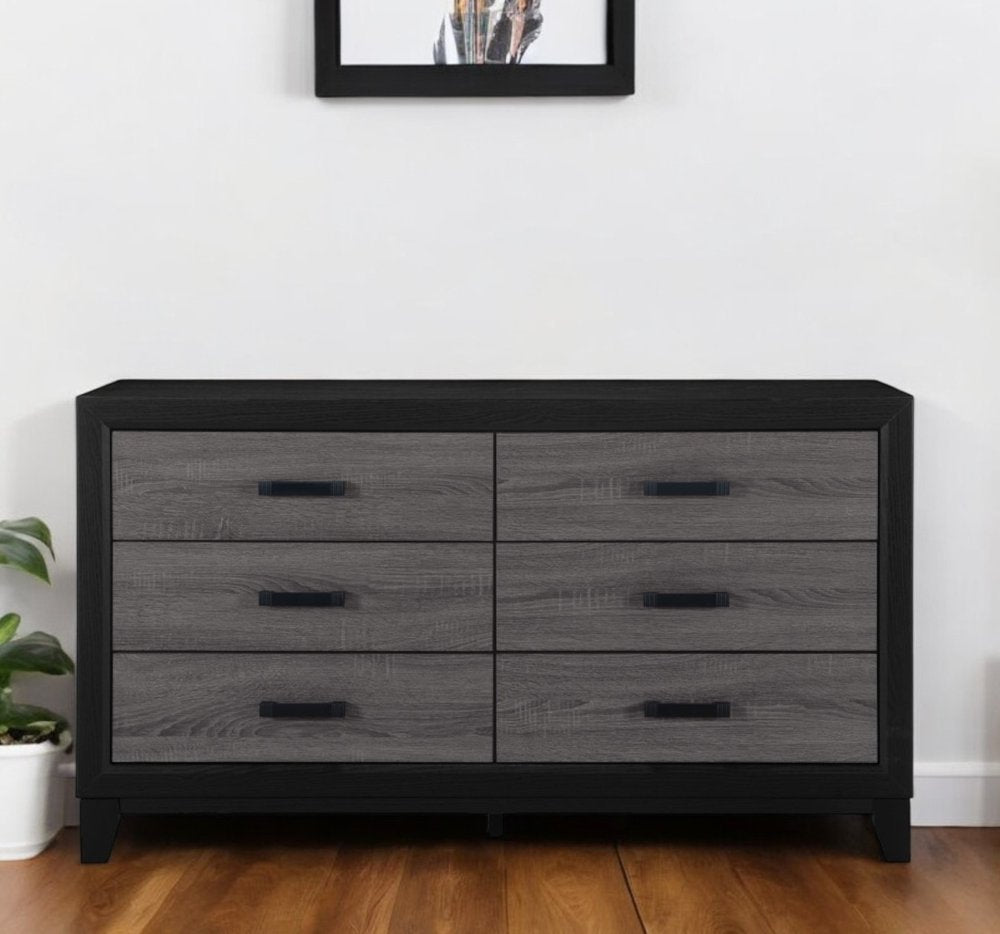 58" Black And Gray Wood Six Drawer Double Dresser