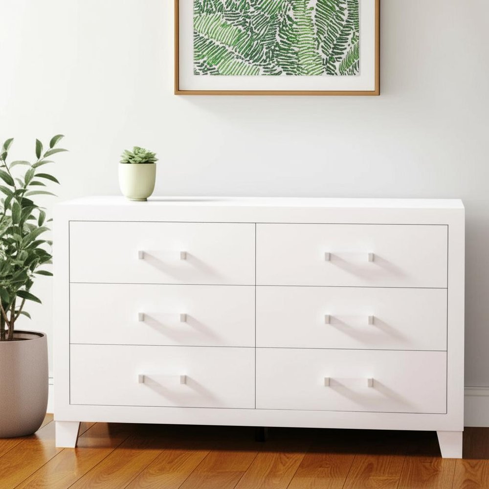 58" White Wood Six Drawer Double Dresser