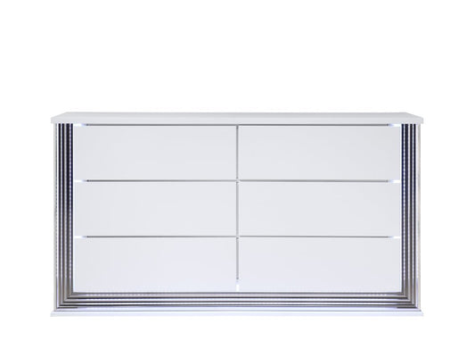61" White Wood Lighted Six Drawer Double Dresser