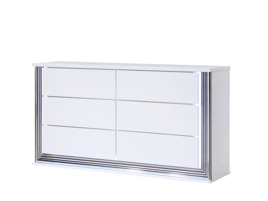61" White Wood Lighted Six Drawer Double Dresser