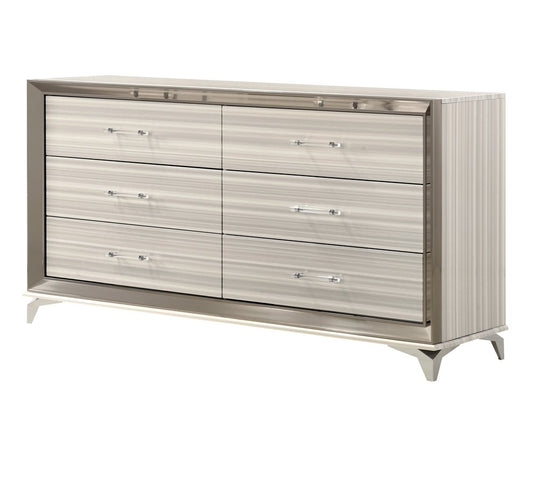 64" White And Silver Wood Six Drawer Double Dresser