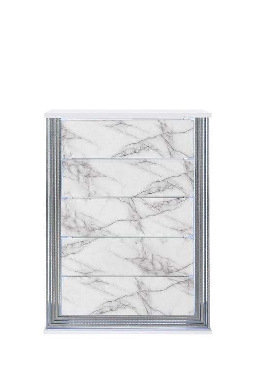 49" Silver And White Wood Faux Marble Lighted Five Drawer Dresser