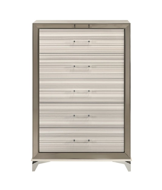 53" Beige And White Wood Lighted Five Drawer Dresser