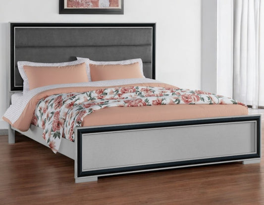 Gray Ribbed Texture Wood And Upholstery Queen Bed Frame