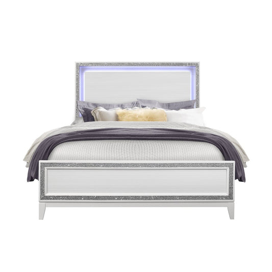Silver and White Faux Crystal Bling Wood Lighted Full Bed Frame