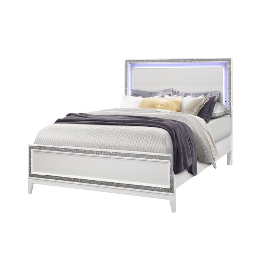 Silver and White Faux Crystal Bling Wood Lighted Full Bed Frame