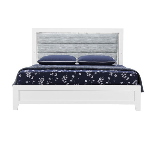 White and Light Gray Ribbed Texture Wood And Upholstery Lighted Queen Bed Frame