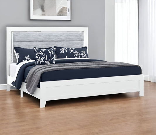 White and Light Gray Ribbed Texture Wood And Upholstery Lighted Queen Bed Frame