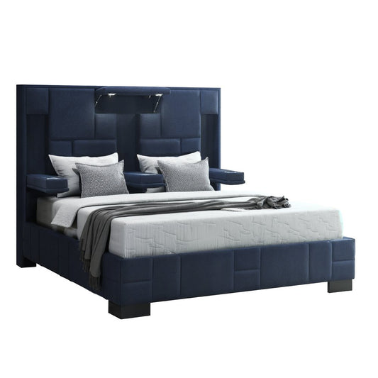 Navy Blue And Upholstered Lighted Queen Bed Frame with USB