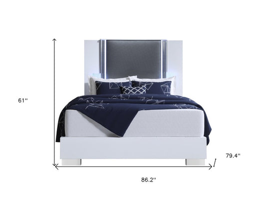 White and Gray Wood And Faux Leather Lighted King Bed Frame