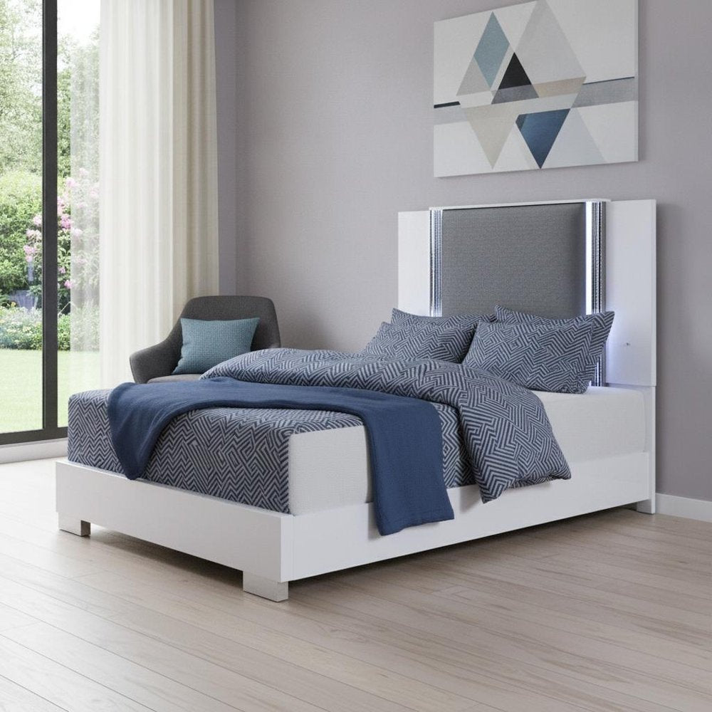 White and Gray Wood And Faux Leather Lighted Queen Bed Frame
