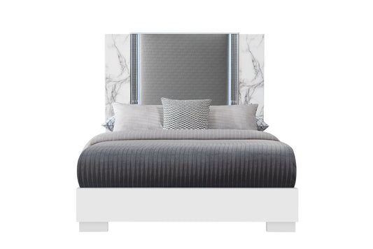 White and Gray Faux Marble And Upholstery Lighted Queen Bed Frame