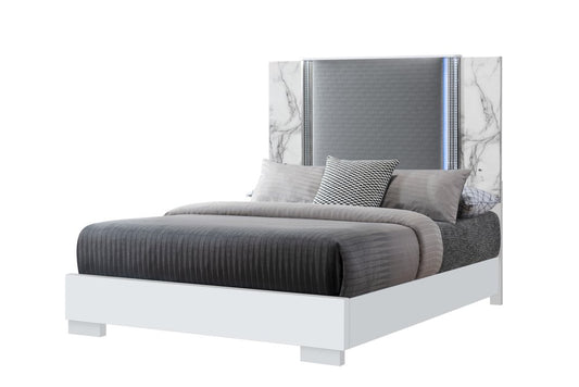 White and Gray Faux Marble And Upholstery Lighted Queen Bed Frame