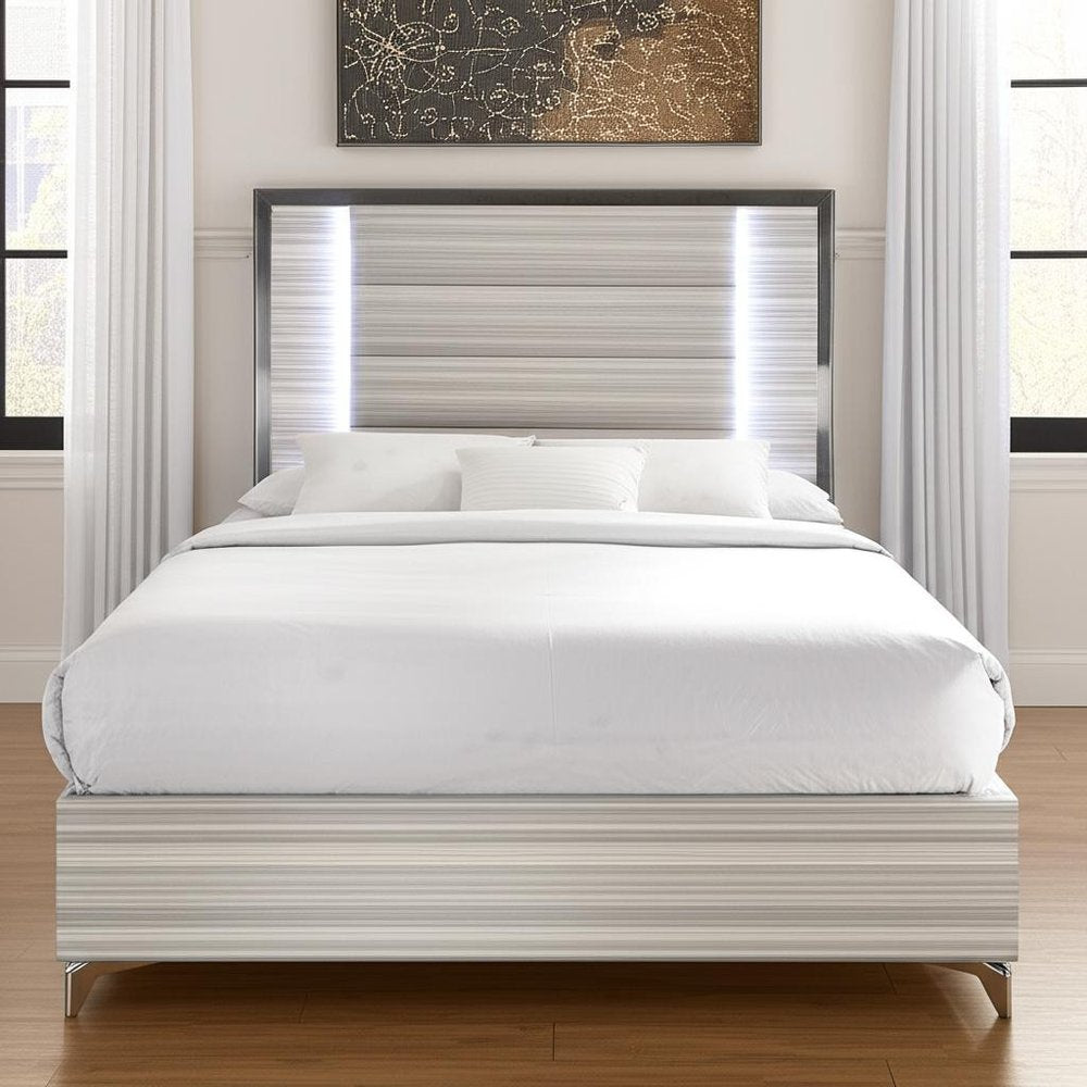 Beige White And Chrome Wood Upholstered Lighted Queen Bed Frame