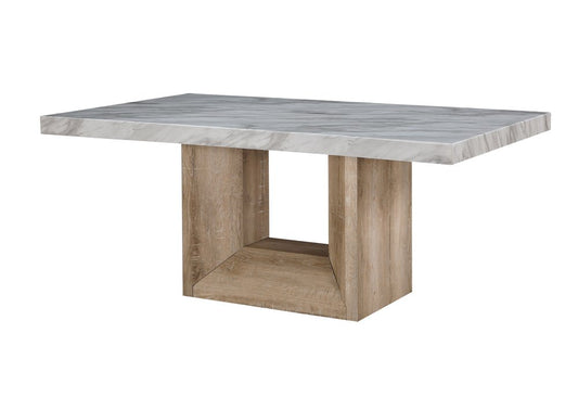 70" White and Natural Faux Marble and Wood Pedestal Base Dining Table
