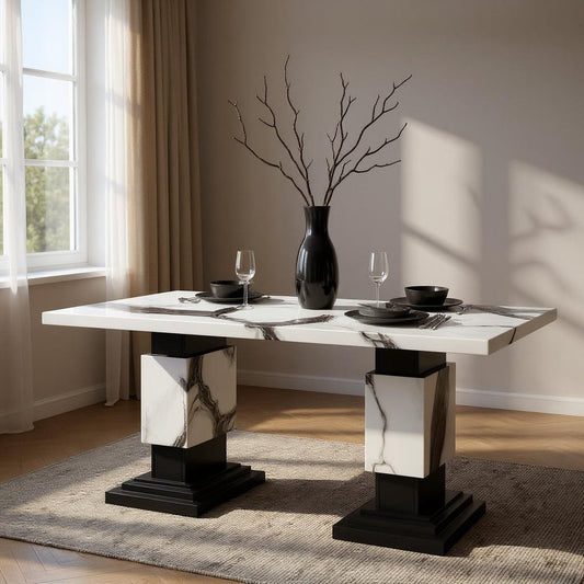 82" Black and White Faux Marble and Wood Double Pedestal Base Dining Table