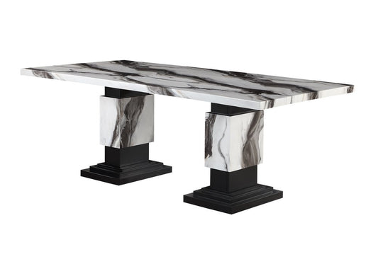 82" Black and White Faux Marble and Wood Double Pedestal Base Dining Table
