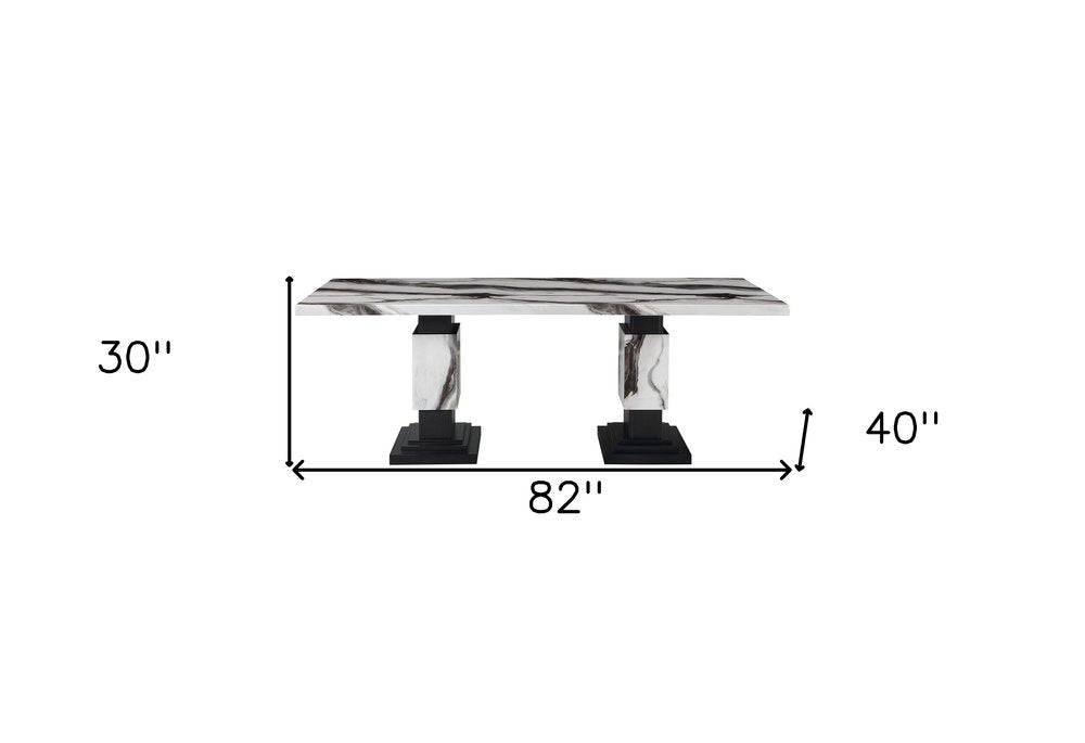 82" Black and White Faux Marble and Wood Double Pedestal Base Dining Table