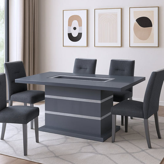 79" Dark Gray Faux Crystals Glass and Wood Pedestal Base Dining Table