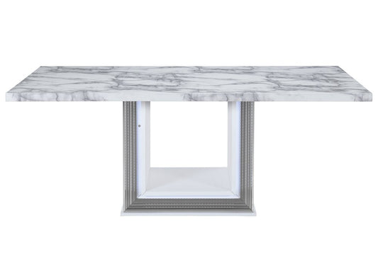 79" Light Gray and White Marble and Wood Pedestal Base Dining Table