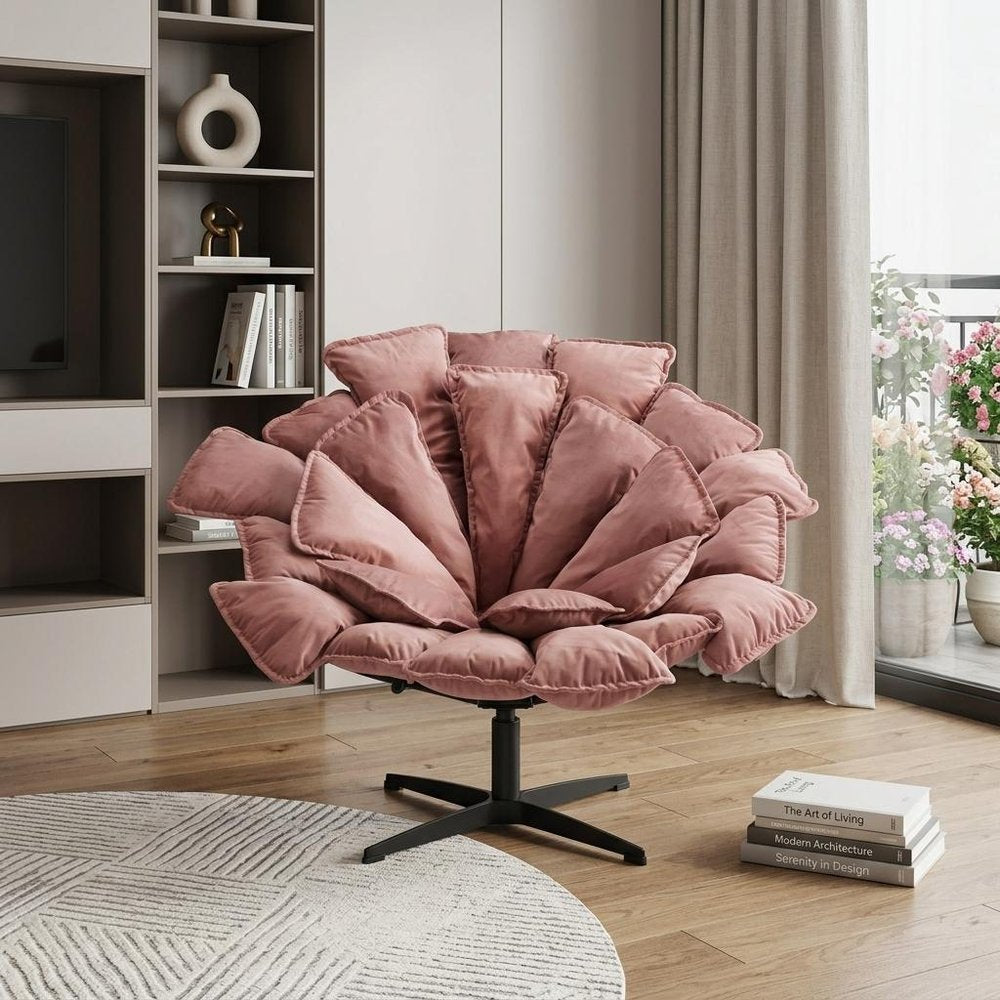 42" Pink And Black Velvet And Upholstered Swivel Side Chair