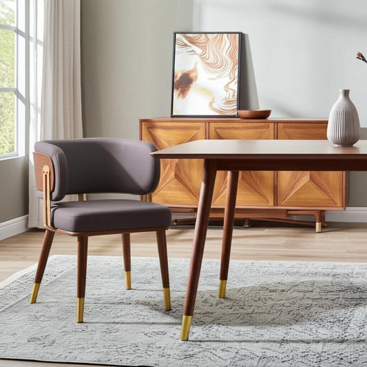 Brown and Walnut Upholstered Faux Leather Curved Back Dining Arm Chair
