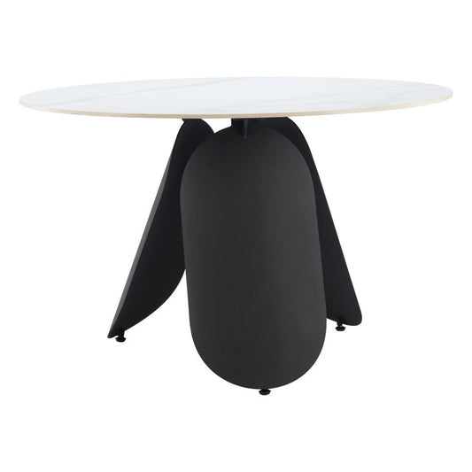 48" White and Black Faux Marble and Steel Pedestal Base Round Top Dining Table