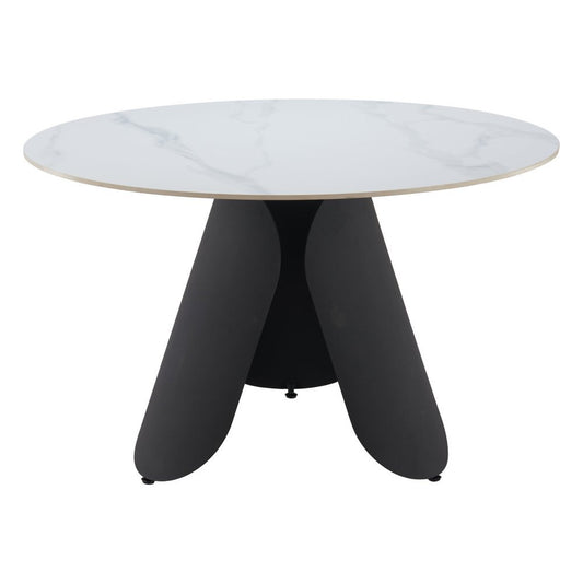 48" White and Black Faux Marble and Steel Pedestal Base Round Top Dining Table