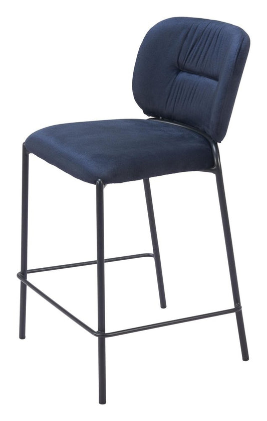 Set of Two 25" Blue And Black Velvet And Steel Counter Height Bar Chairs