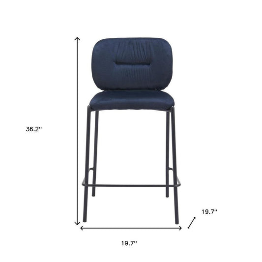 Set of Two 25" Blue And Black Velvet And Steel Counter Height Bar Chairs