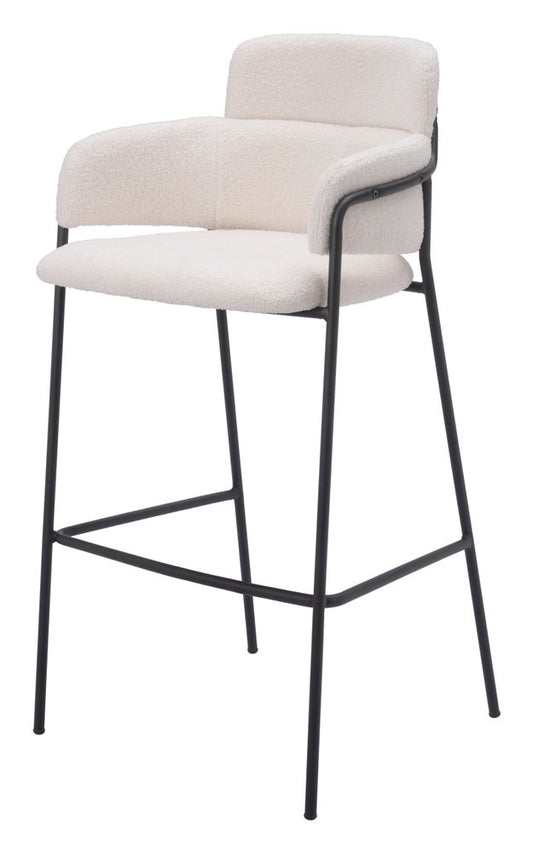 Set of Two 30" Cream and Black Faux Shearling and Steel Bar Height Bar Chairs