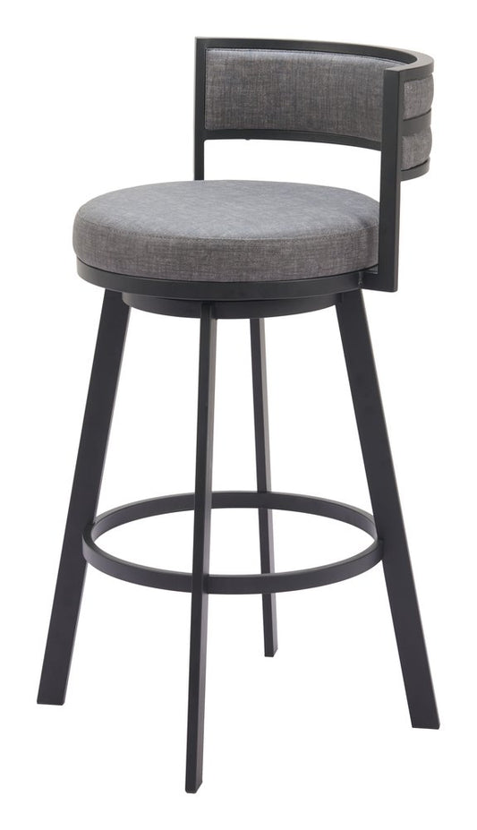 31" Gray and Black Fabric and Steel Low Back Bar Height Swivel Bar Chair