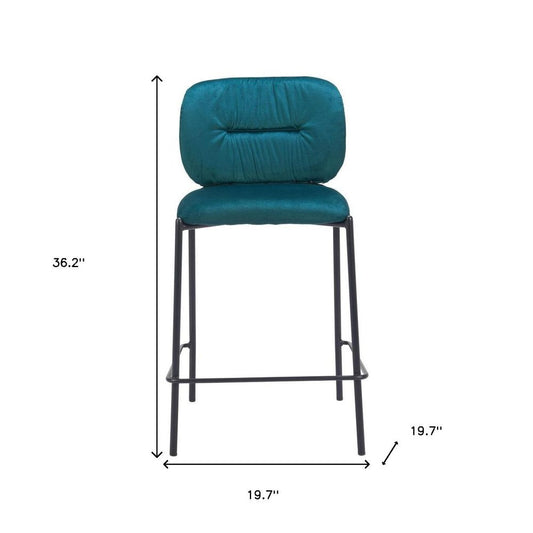 Set of Two 25" Green And Black Velvet And Steel Counter Height Bar Chairs