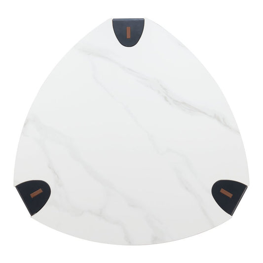 36" White and Black Sintered Stone Faux Leather And Steel Triangle Coffee Table