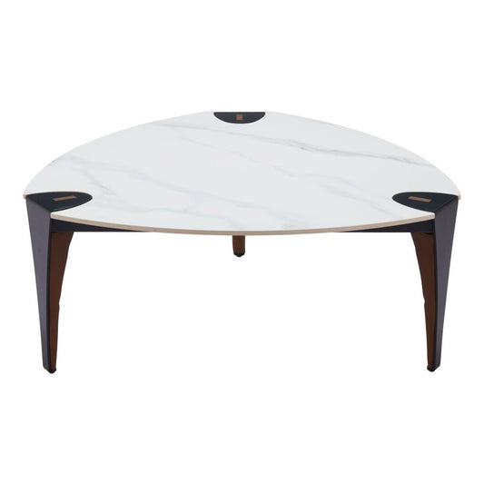 36" White and Black Sintered Stone Faux Leather And Steel Triangle Coffee Table
