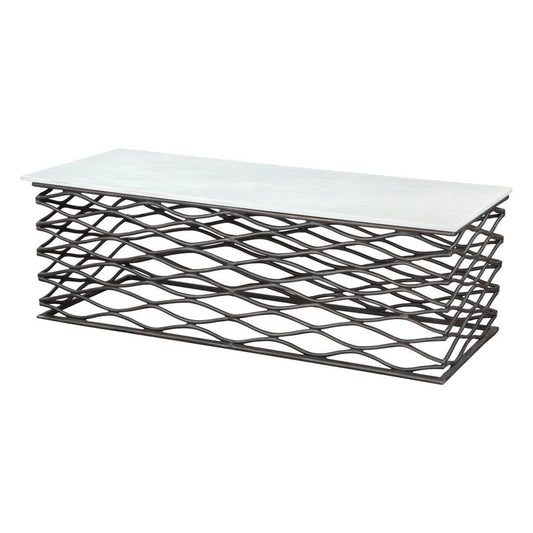 50" White and Antiqued Bronze Genuine Marble and Aluminum Abstract Coffee Table