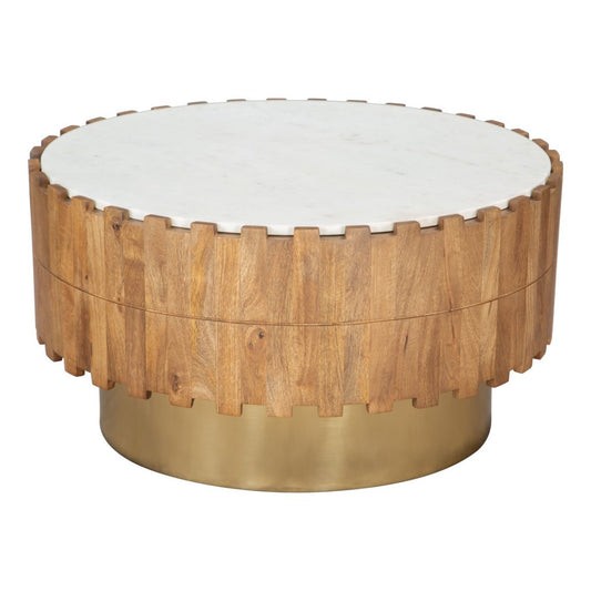 31" Gold Natural And White Iron Wood And Faux Marble Round Block Coffee Table
