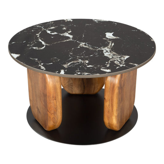 30" Black and Brown Genuine Marble Marble and Solid Wood Round Coffee Table