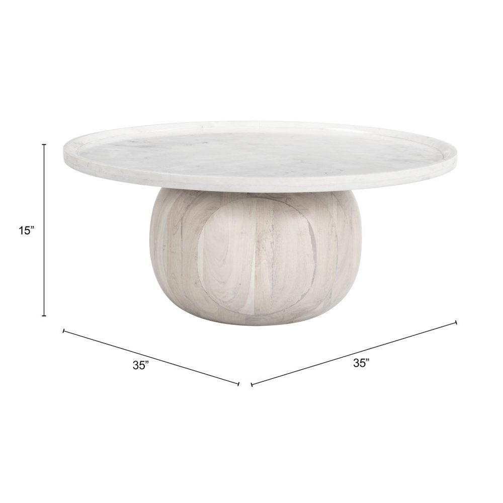 35" White and Natural Wood And Faux Marble Round Pedestal Coffee Table