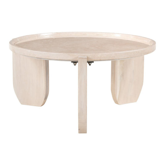 30" Natural Genuine Marble and Marble Round Coffee Table