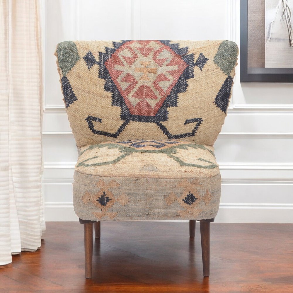 26" Beige Blue and Red Jute Southwestern Wingback Chair