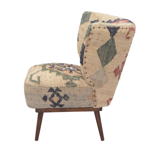 26" Beige Blue and Red Jute Southwestern Wingback Chair