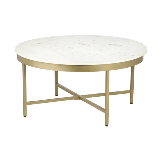 36" White And Gold Genuine Marble And Steel Round Coffee Table