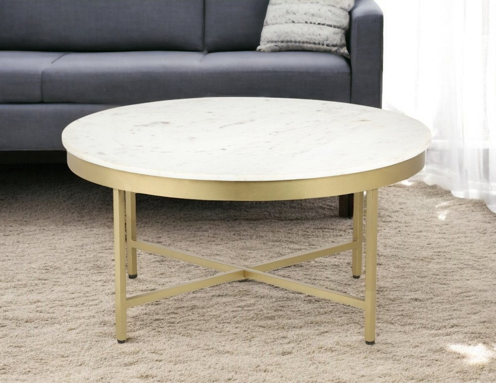 36" White And Gold Genuine Marble And Steel Round Coffee Table
