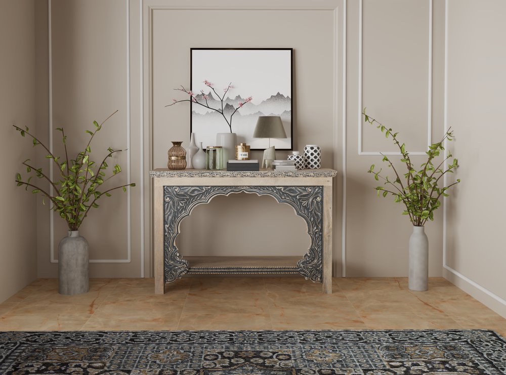 56" Natural and Black Solid Wood Distressed Console Table With Shelf