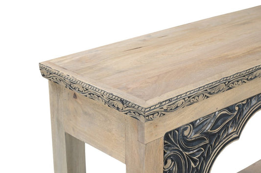 56" Natural and Black Solid Wood Distressed Console Table With Shelf